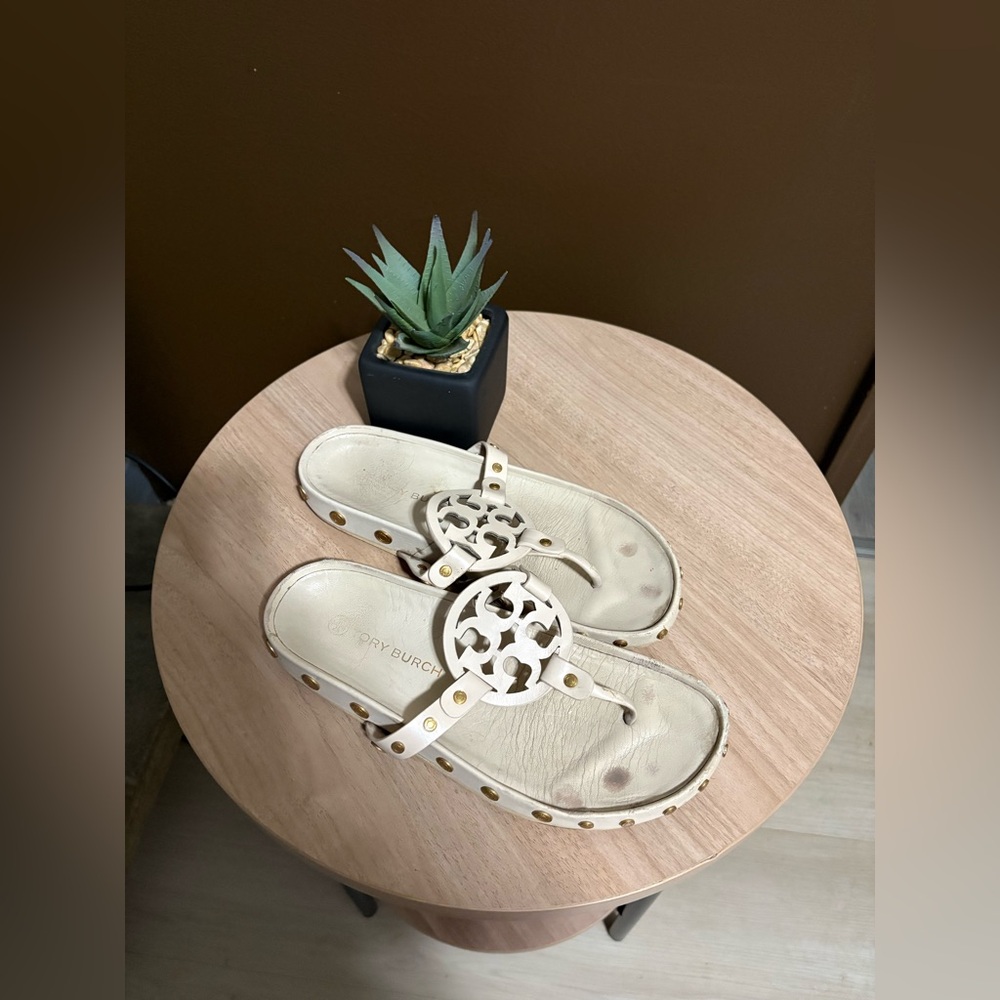 Tory Burch Cream Slide Sandals with Gold Accents